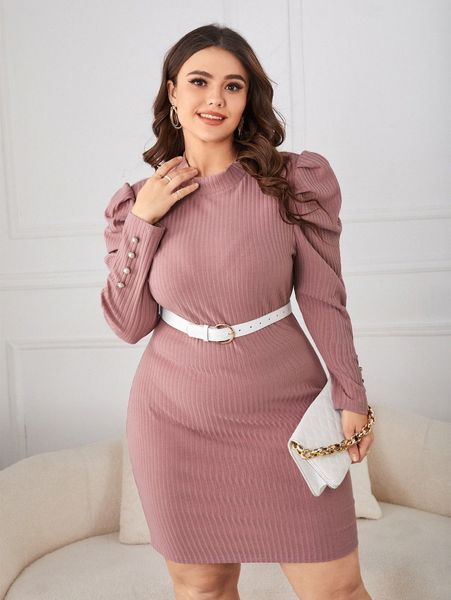 

plus leg-of-mutton sleeve bodycon dress without belt 54em#, Black