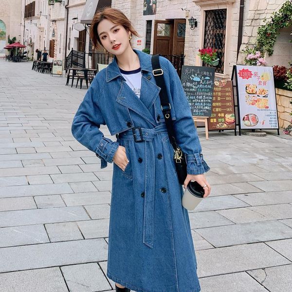 

brand new fashion long double-breasted denim trench coat women windbreaker lady duster coat with lining outerwear spring autumn1, Tan;black