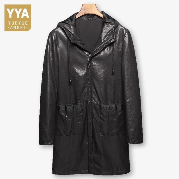 

fashion spring autumn male sheepskin medium length trench coats hooded pockets slim fit mens genuine leather jackets plus size1, Black