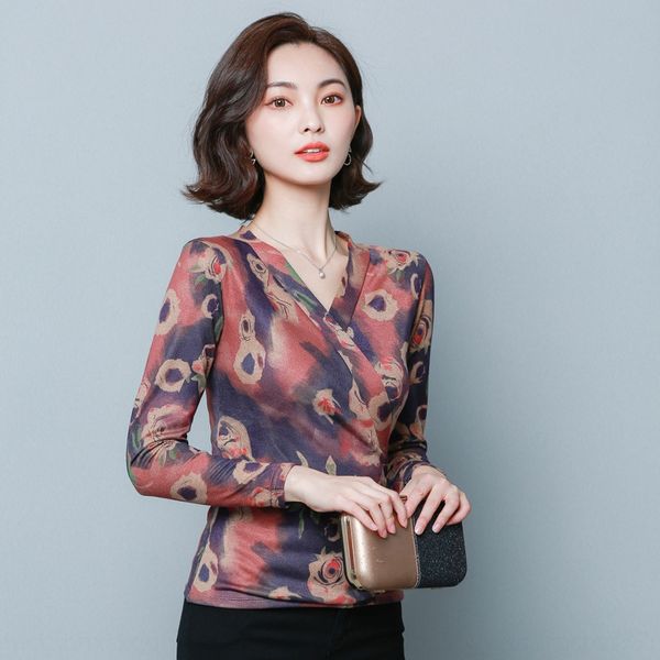 

autumn and winter wear new long sleeve v-neck waist net red temperamentslim bodyforeign styleprinted inside small shirt shirt shirt xbe0j xb, White