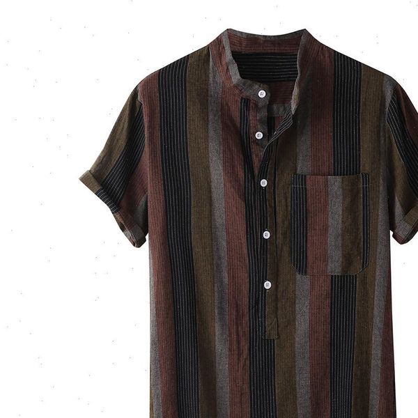 

mens clothing vintage ethnic printed turn down collar strip printed fashion stand collar short sleeve loose shirts blouse 7.29, White;black