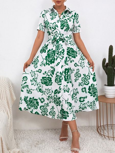 

floral print belted shirt dress 40wi#, Black;gray
