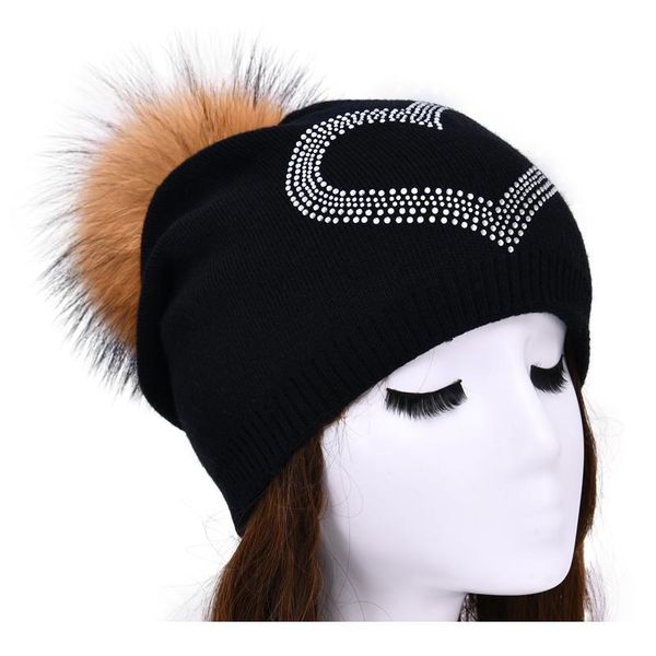 

winter beanie hat women rhinestone wool knitted hats fashion warm ladies soft beanie head accessories gift real fur jllkns, White