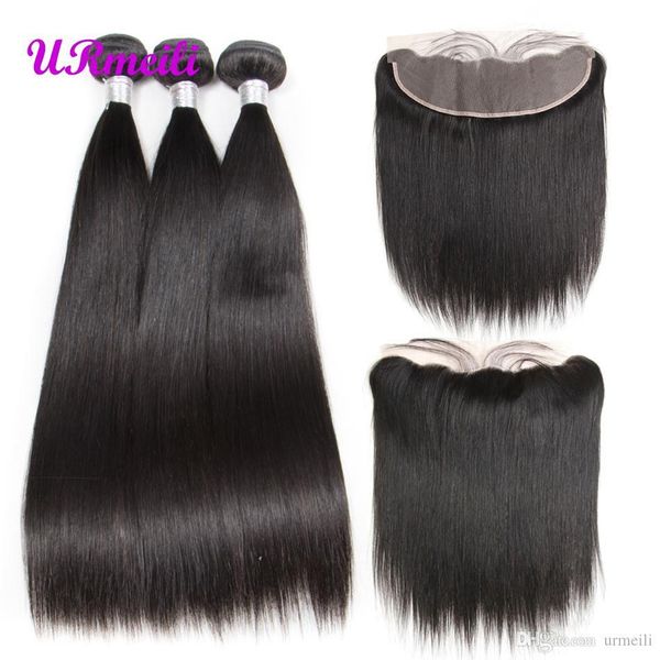 

urmeili straight bundles with frontal 10a brazilian virgin hair 3 4 bundles with closures straight human hair bundles with 13x4 lace frontal, Black;brown