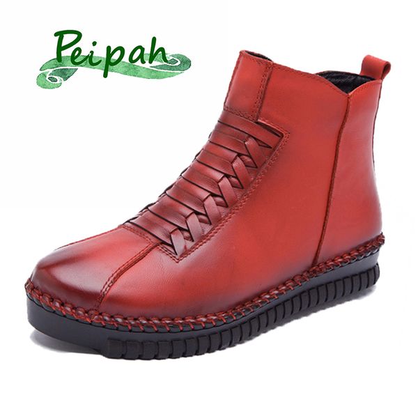 

peipah handmade autumn/winter boots women genuine leather shoes woman ankle boots solid zip casual snow botas mujer female shoes 1026, Black