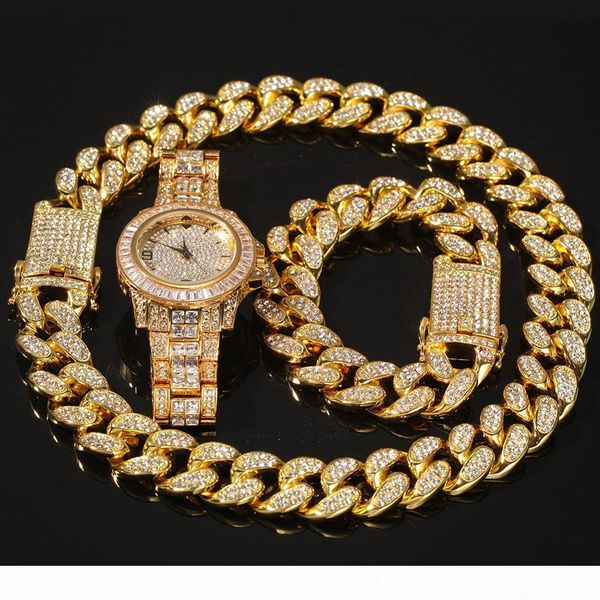 

3pce set men hip hop cuban link chain icedoutbling gold necklace bracelets watch mm width cuban cha necklaces charm jewelry gifts, Black