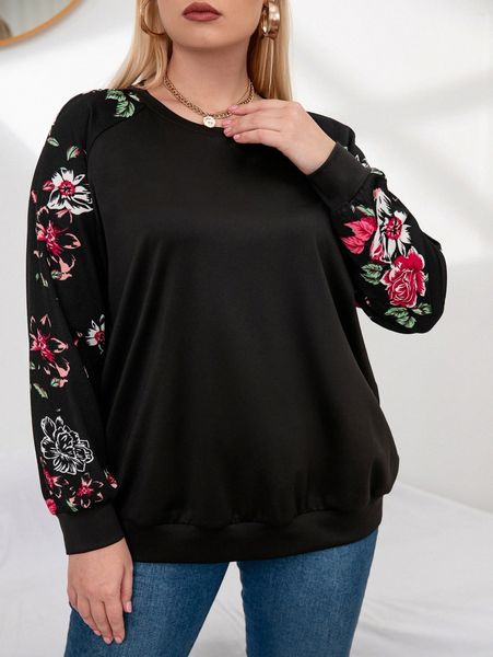 

plus contrast floral raglan sleeve sweatshirt r1v8#, Black