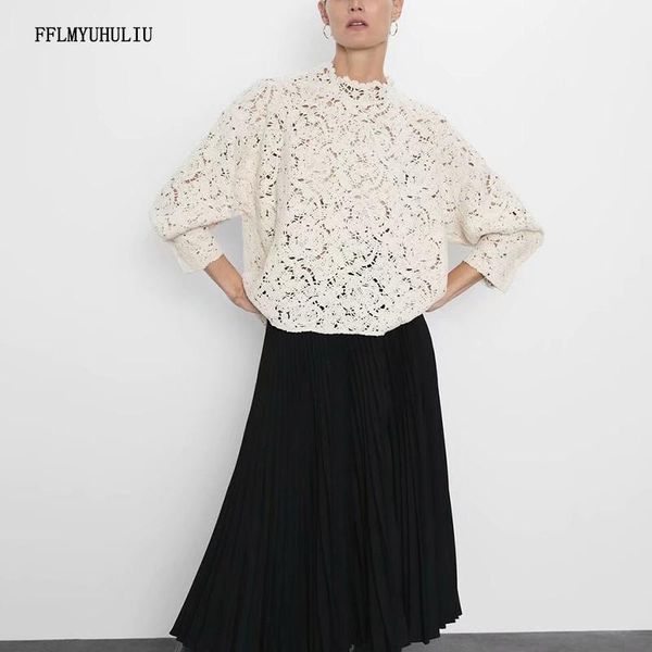 

autumn and winter ladies' new hollow solid color round neck long sleeve short knit sweater1, White;black