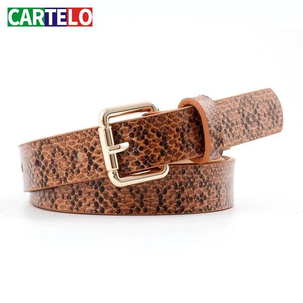 

cartelo snakeskin print belts for women gold square pin buckle waistband leather belt women dress jeans leather belt fashion, Black;brown
