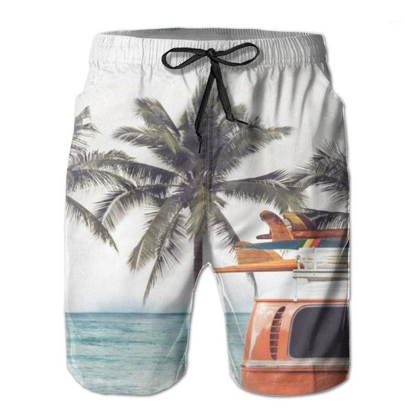 

men's shorts vintage tropical beach seaside car with surfboard men casual board vacation quick dry swimwear1, White;black