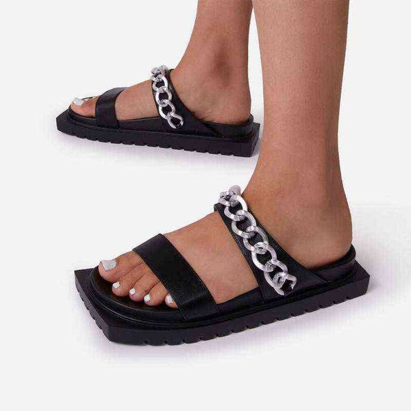 

new women's slippers chain novelty sandals summer slipper fashion shoes gladiator sandals outside square head modern slippers y220224, Black
