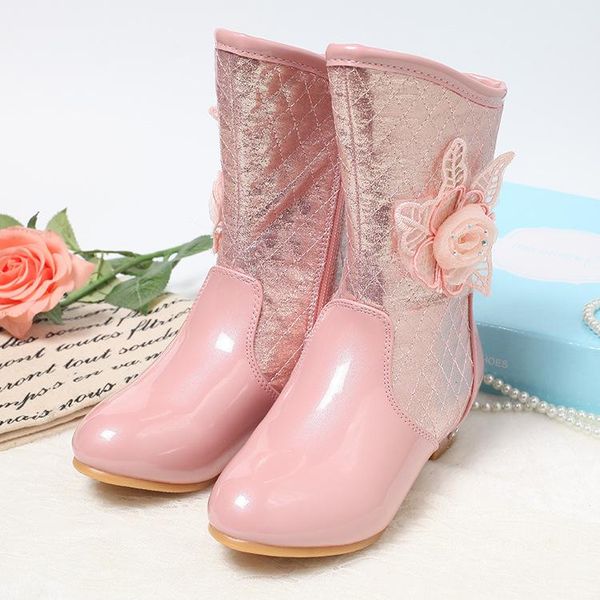 

boots autumn and winter children' for little girls high-heeled flowers shiny princess shoes sweet cute mid-tube dance, Black;grey