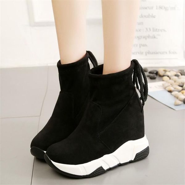 

women ankle boots platforms shoes woman high heels inside height increasing faux suede boots lace up sneakers 35-391, Black
