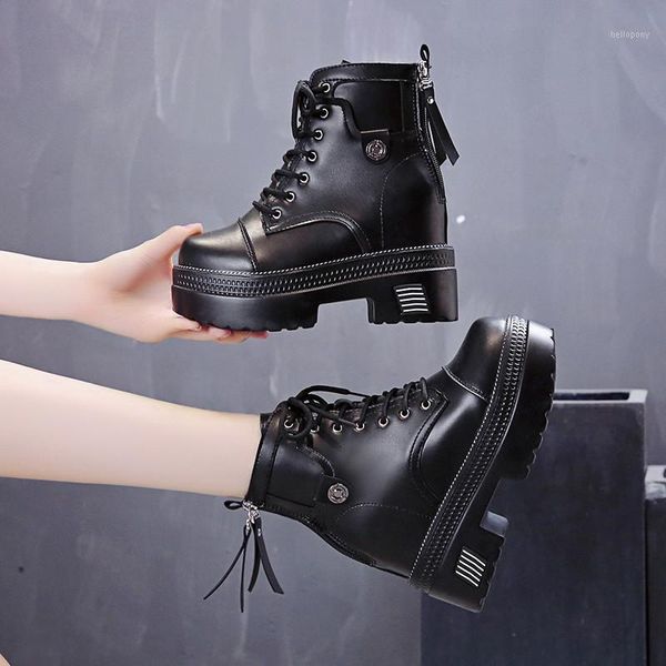 

020 spring women internal increase boots autumn fashion leather platform gothic boots punk combat british style for women1, Black