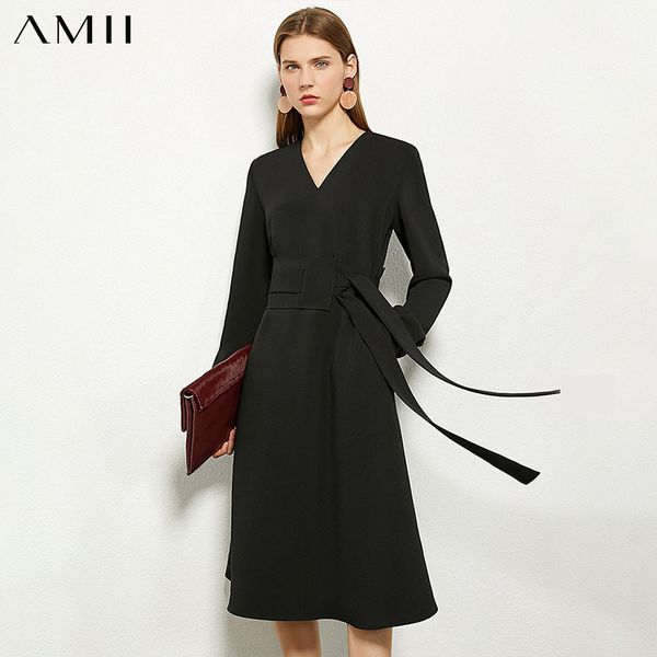 

amii minimalism autumn winter fashion dresses for women olstyle solid vneck belt knee-length chiffon dress women dress 12070341 201029, Black;gray