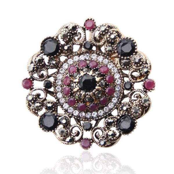 

turkish brooch pin for women antique gold color vintage round resin flower arabesque rhinestone lapel scarf jewelry gift, Gray