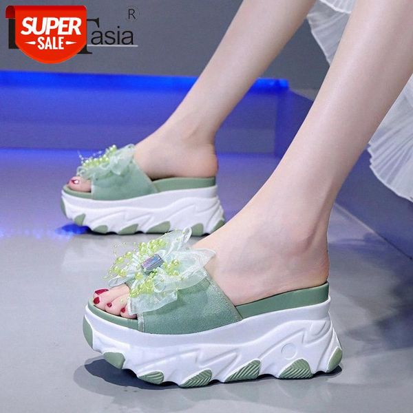 

doratasia new summer fashion high wedges slides concise pearl summer slippers women sweet butterfly-knot platform shoes woman #078l, Black