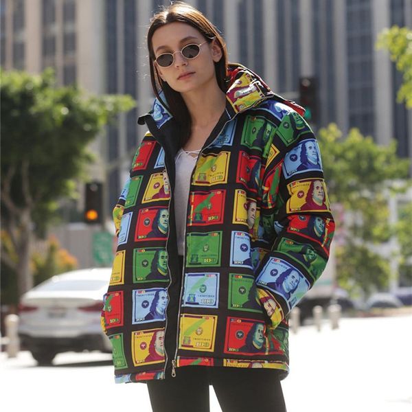 

designers women jacket windproof winter warm banknote printing dyeing bread jacket hooded cotton padded jackets outerwear coats f110305, Black;brown