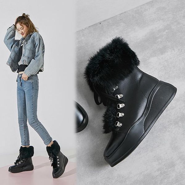 

2020 новая зимняя обувь женская снега сапоги натуральная кожа плюша согреться ботильоны металлические украшения снег загрузки bottes femme, Black