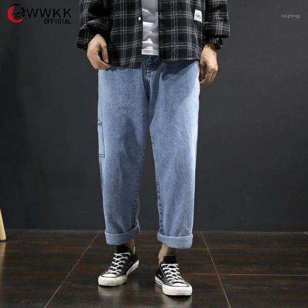 

wwkk 2020 boyfriend jeans for men wide leg pants high waist jeans loose men denim pants male light blue autumn trousers1