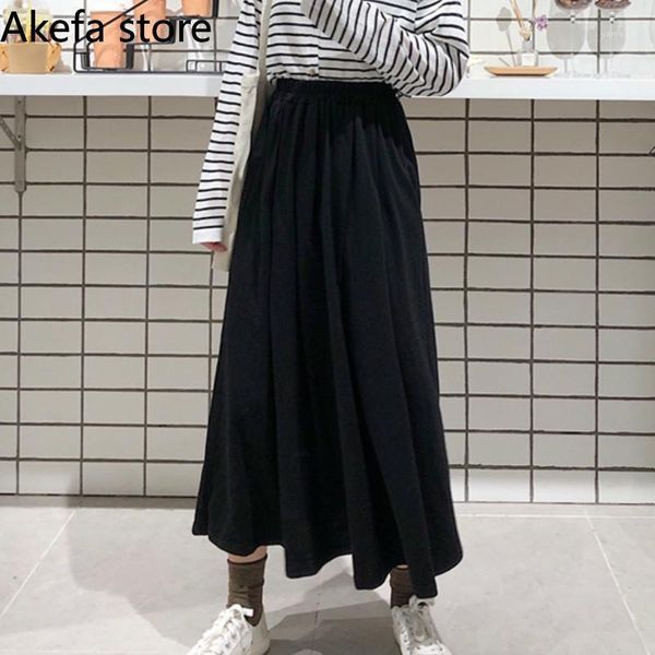 

skirts women black mid-calf skirt high elastic waist oversize simple daily casual harajuku student all-match cotton chic sweet1