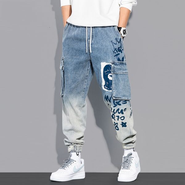 

2021 new fashion streetwear men jeans loose fit big pocket denim cargo pants homme designer graffiti printed hip hop joggers uy, Blue