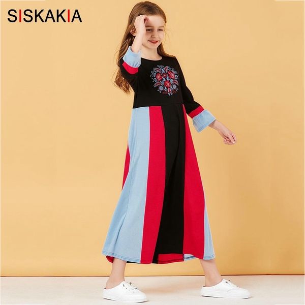 

siskakia mama and daughter dress long family matching outfits mother big girls maxi dresses cotton color block floral embroidery y200713, Blue