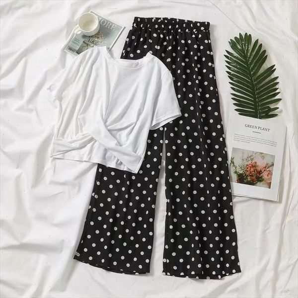 

women 2021 summer short sleeve o neck short t shirt high waist dot print wide leg pants suit female casual two pieces, Gray