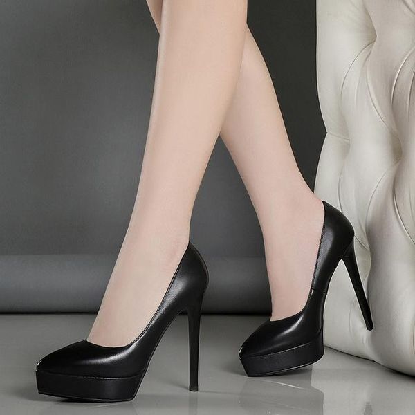 

fashion 12 cm stiletto women shoes platform black pointed professional work shoes platform heels wedding high heels