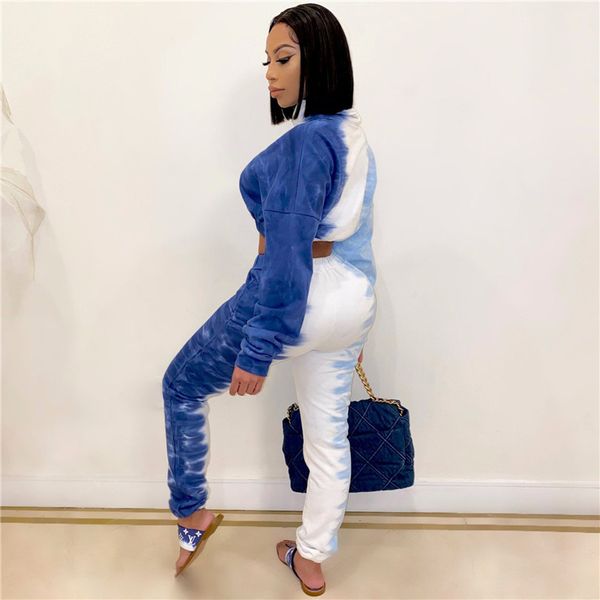 

вершины crop gradient tie-dye женщины tracksuit с длинным рукавом отложным воротником половина молния свитер + леггинсы штаны из двух частей, White