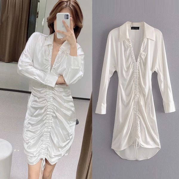 

2021 new summer women white ruched gatheed satin wrap dress woman v-neck short mini bodycon dresses idd7, Black;gray