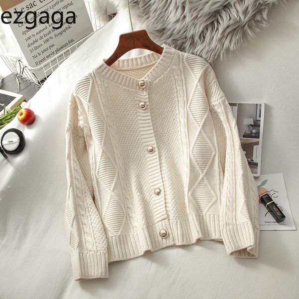 

ezgaga cardigan women loose korean style fashion female sweaters autumn solid o-neck single breasted long sleeve girl top, White