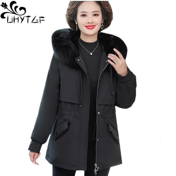 

uhytgf winter jackets womens fashion fur collar down cotton warm coat parker female plus velvet thicken plus size outerwear 1301, Black