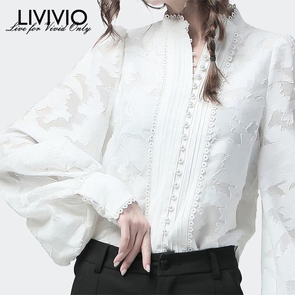 

livivio] lace lantern long sleeve stand neck pearl button white blouse women shirt female fashion ol new1