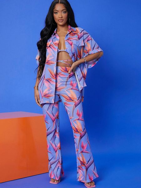 

floral crisscross tie backless halter and pants with blouse u4bi#, White