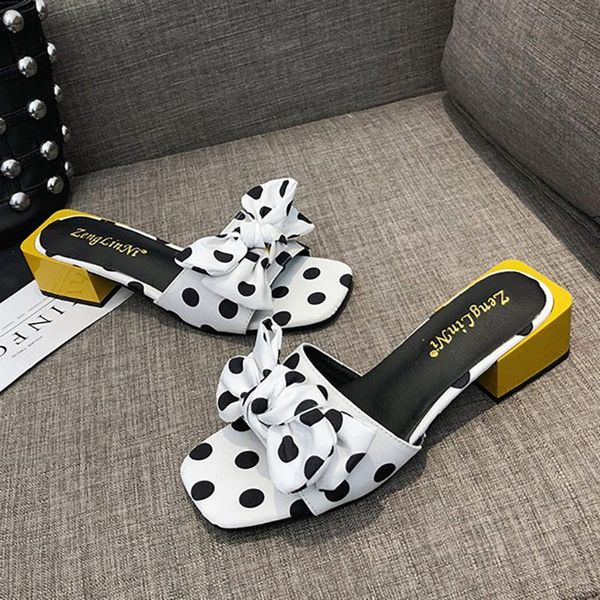 

sandals women peep toe casual bow knot pot square heels summer slipper slip on breathable beach shoes x1217, Black