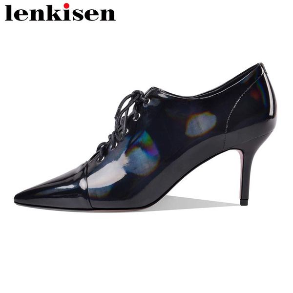 

lenkisen 2020 spring new style pointed toe high heels simple design office lady daily wear deep mouth lace up women pumps l06, Black