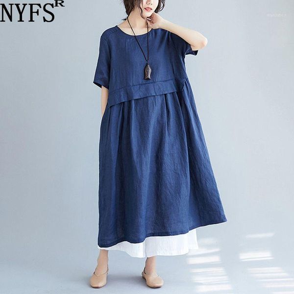 

nyfs summer dress 2020 new elegant loose o-neck cotton linen women dress solid color long vestidos robe1, Black;gray