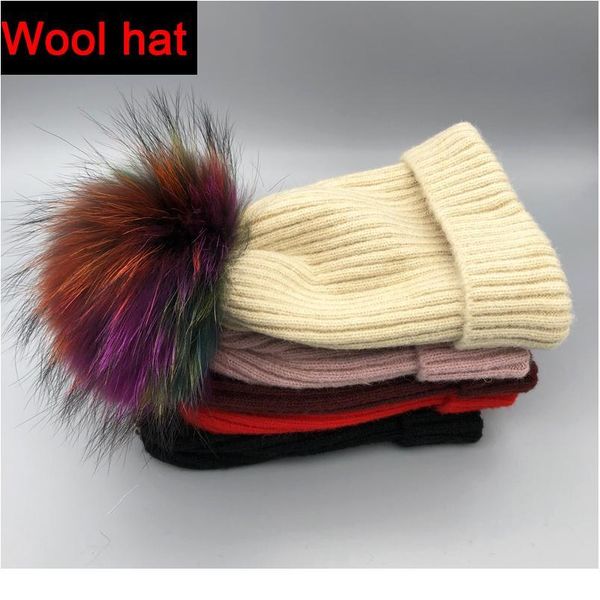 

winter spring hats women 100% natural multicolor fur pompoms hats fashion lady wool beanies skull womens bonnet qylmnj