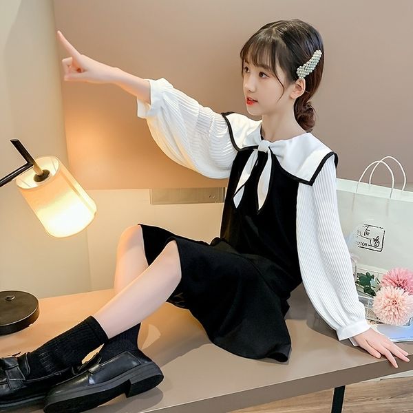 

woe9v girlsdress and clothing large clothes children's skirt girlsmedium long-sleevedstyle autumn bow clothes trendy children's eg, Black;gray