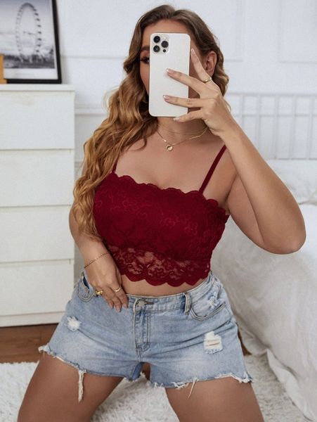 

plus floral lace scallop trim bra n4by#, Black;white