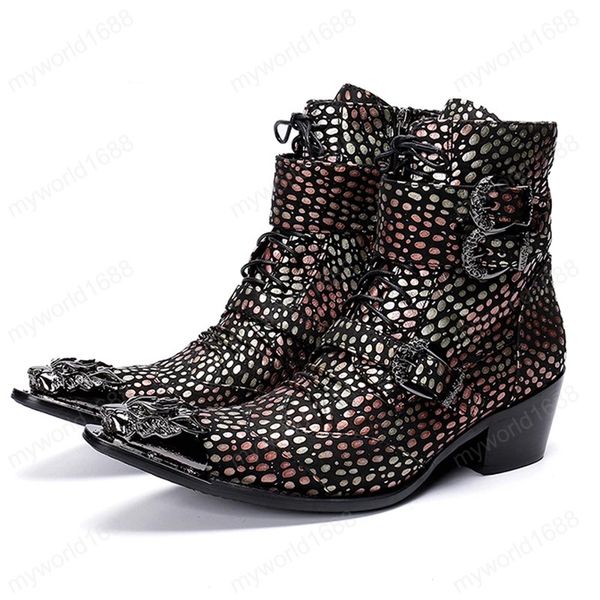 

luxury pointed toe buckle straps man punk shoes genuine leather high heel men's metal motorcycle ankle boots, Black