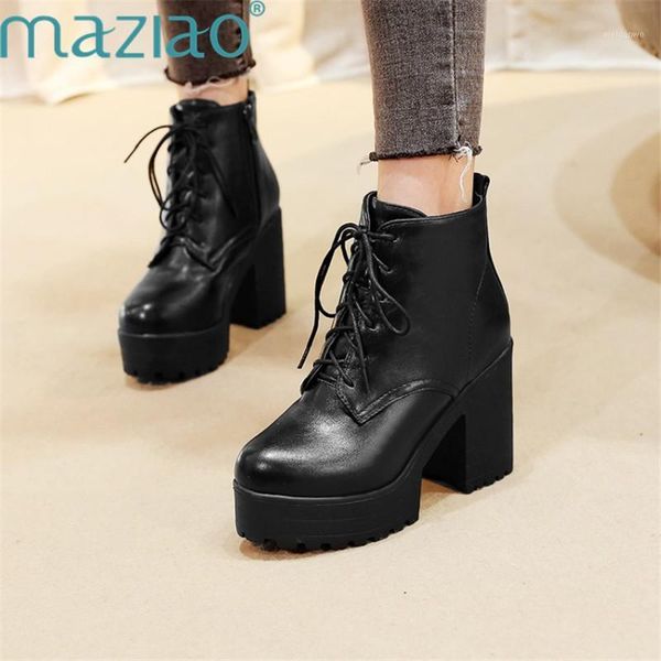 

fashion autumn women shoes ankle boots high heels platform lace-up round toe side zipper short boots maziao1, Black