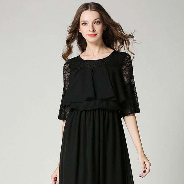 

new spring and autumn women lace stitching middle sleeve swing classic slim atmosphere black long dress skirt