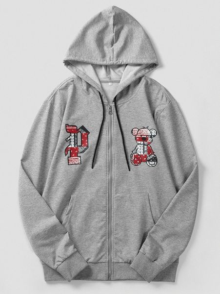 

men letter & bear print zip up drawstring hoodie 33ps#, Black