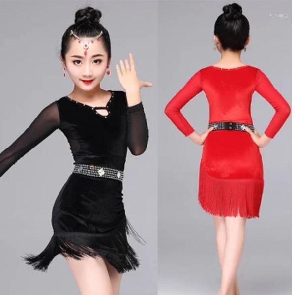 

tassel latin dance dress for girls latin salsa children ballroom skirts dresses samba tango cha cha kids velvet fringe costume1, Black;red