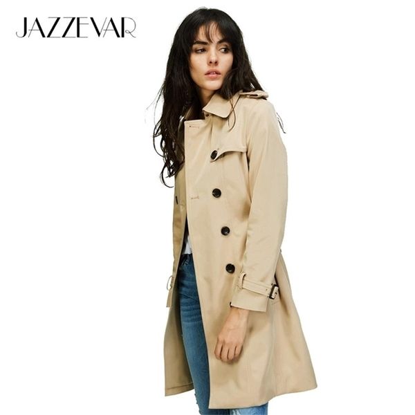 

jazzevar autumn new high fashion brand woman classic double breasted trench coat waterproof raincoat business outerwear y201012, Tan;black