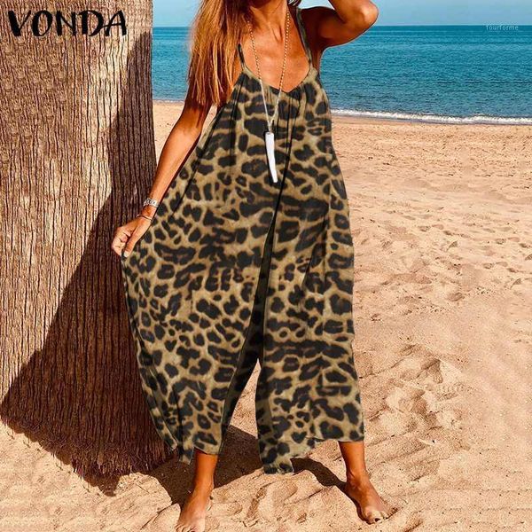 

women's jumpsuits & rompers womens 2021 vonda summer sleeveless loose overalls plus size vintage leopard printed playsuits femme wide l, Black;white