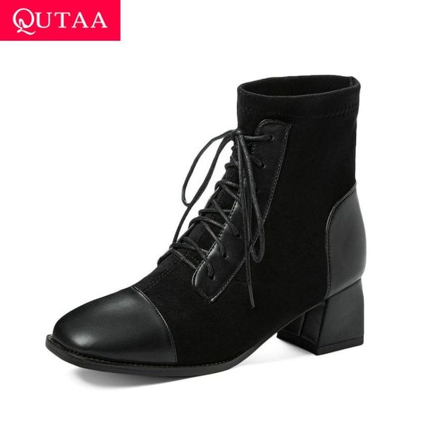 

qutaa 2021 ankle boots autumn winter square high heel lace up women shoes patchwork flock pu fashion short boots big size 34-43, Black