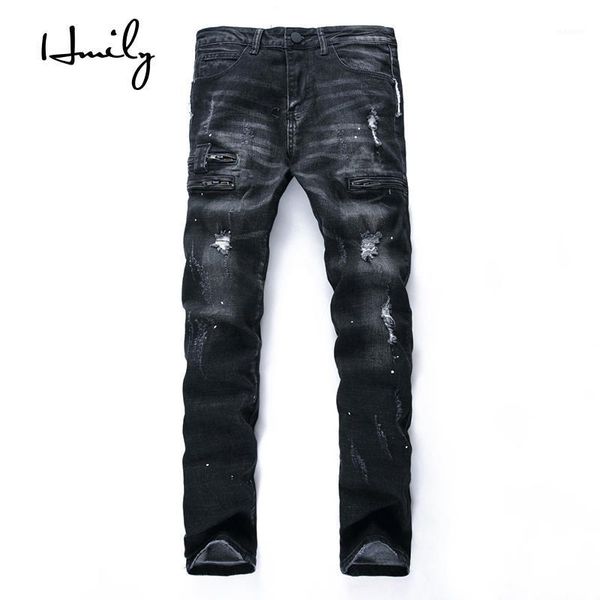 

hmily fashion designer jeans men straight dark blue color printed mens jeans ripped hole 100% cotton male1